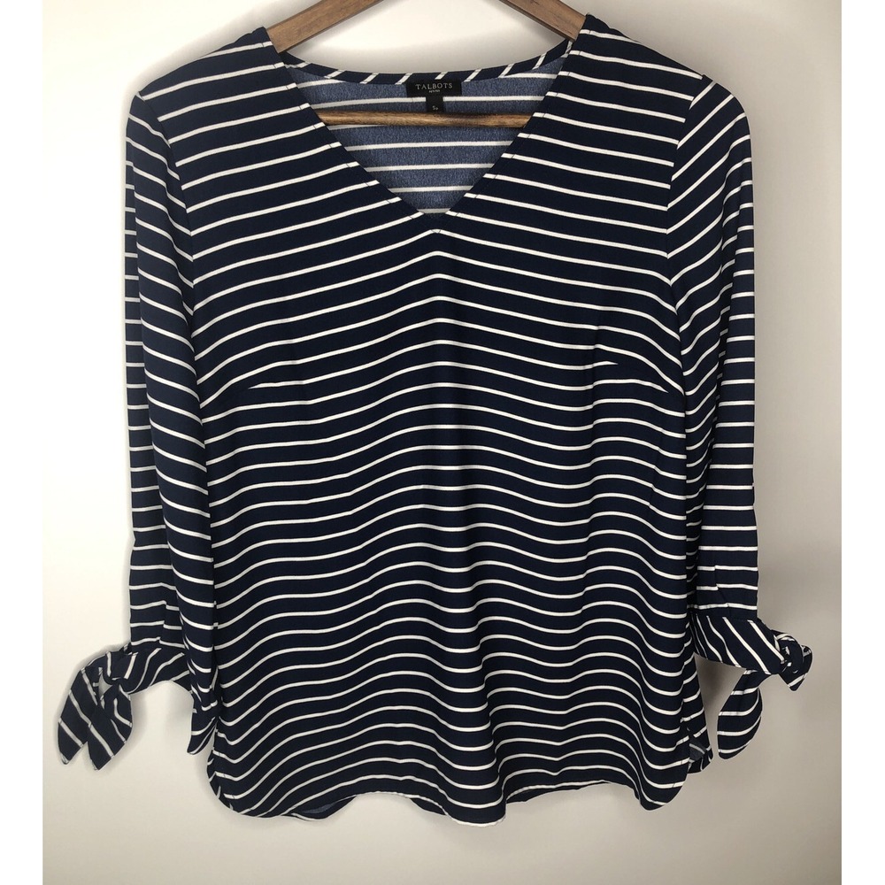 Talbots Small Petite V Neck Top Navy White 3/4 Sleeve Striped Tie Sleeve Blouse